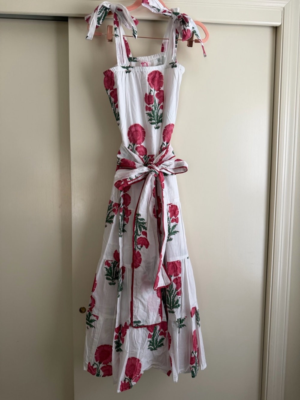 Victoria Dunn White Gauze Dress with Pink Logo Detail